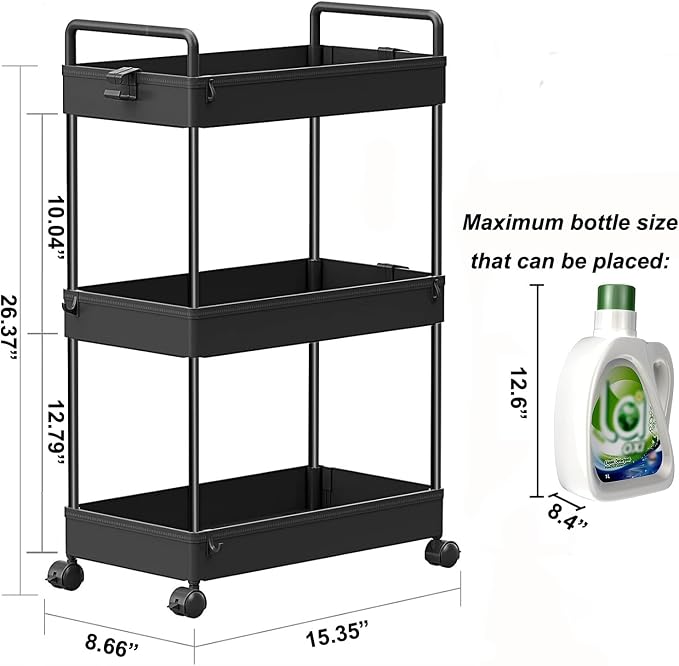 SOLEJAZZ 3 Tier Slim Rolling Storage Cart Organizer with Wheels, Black | Utility cart for bathroom, laundry, bedside, dorm&narrow spaces. Fits craft, nail, makeup, snack, art, diaper&baby essentials