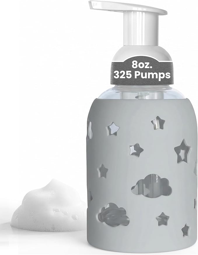 SoCal Suds & Company Foaming Hand Soap Dispenser Glass, Liquid Soap Pump with Cloud & Star Sleeve, Refillable Bottle for Kids, Baby Wash & Shampoo, Ideal for Bathroom & Kitchen Use, Light Grey, 8oz