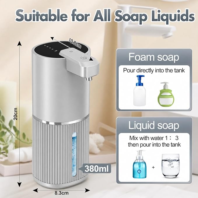 Automatic Soap Dispenser, Foaming Soap Dispenser Touchless with Continuous Dispensing, 4-Level Adjustable, Rechargeable Hand Soap Dispensers, Wall Mounted or Countertop for Bathroom & Kitchen