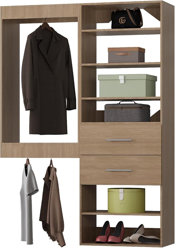 ROOMTEC Modular Closet System, 40" Wall Mounted Closet Organizer with Hanging Rods and Drawers, Wooden Tower for Walk-In Closets, Wardrobe Storage Kit, Wood