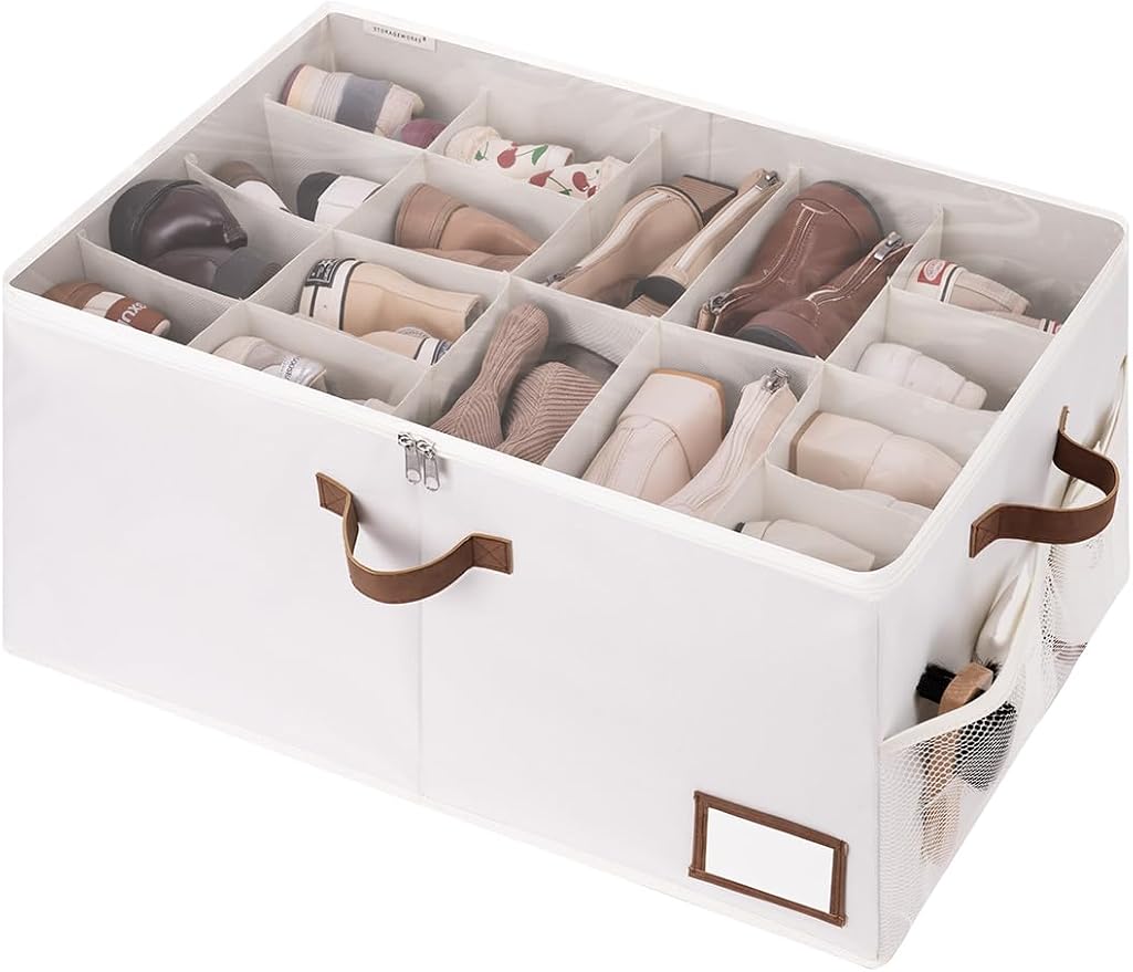 StorageWorks Large Shoe Storage for Closet, 16 Shoe Cubbies, Beige | Up to 20 Pairs, Fixed Compartments, Clear Lid, Label Window, Side Mesh Pocket, Soft Handles, Fits Flats, Sandals, For Mudroom