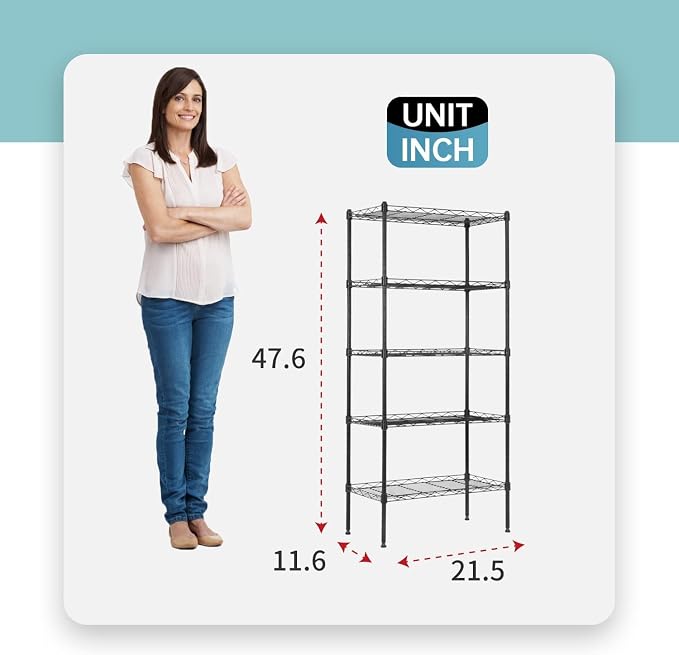 Meet perfect 5-Tier Wire Shelving Unit, NSF Certified Metal Storage Rack, 750 lbs Capacity Heavy Duty Shelf, Adjustable Pantry Organizer for Kitchen Garage Laundry, 47.6" H x 21.5" W x 11.6" D