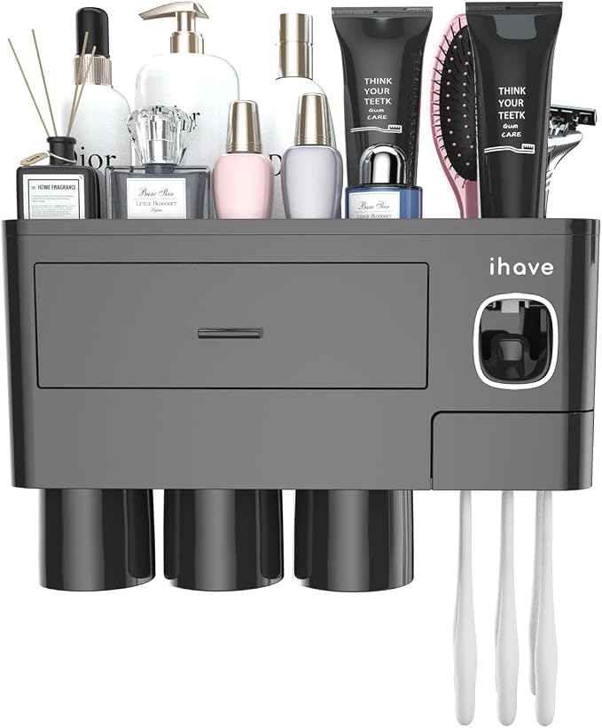 iHave Toothbrush Holders Wall Mounted with Toothpaste Dispenser & 3 Cups | All-in-One Bathroom Organizer: 3 Cups, 6 Slots, Toothpaste Dispenser, Large Tray & Drawer. Wall Mount, No Drilling Required