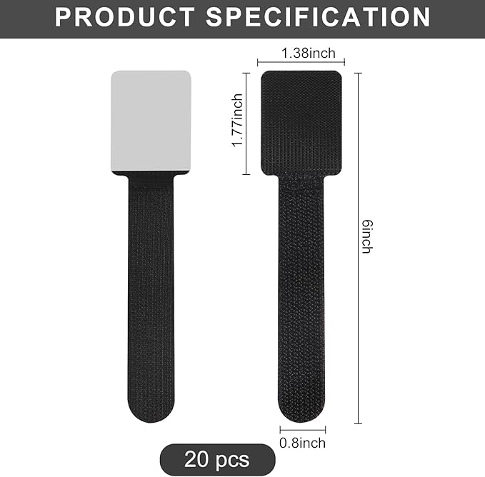 20-Pack Large Reusable Self-Adhesive Cable Ties cable management Adjustable Hook & Loop Straps for Organizing Data Cables, Wires, Headphones Under-Table Cord Management for Home, Office