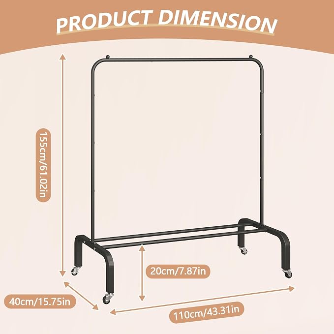 JIUYOTREE Metal Clothing Rack with Wheels, 43.3 Inches Rolling Clothes Garment Coat Rack with Bottom Shelf, Clothing Rack for Hanging Clothes, Coats, Skirts, Shirts, Sweaters, Black