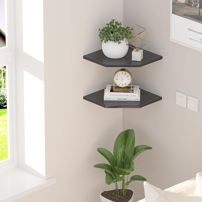 JJL Corner Wall Shelf, Set of 2 Floating Corner Shelf for Wall Storage,Easy-to-Assemble,Wall Mount Corner Shelves for Teen Boy Room Decor,Minimalist Decor(14.76in Black)