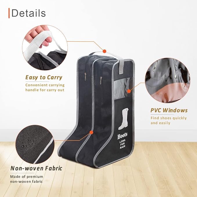2 Pack Portable Boots Storage Bag, Black Shoe Bags for Storage and Travel Dust Proof Travel Shoe Bags for Packing (Large)