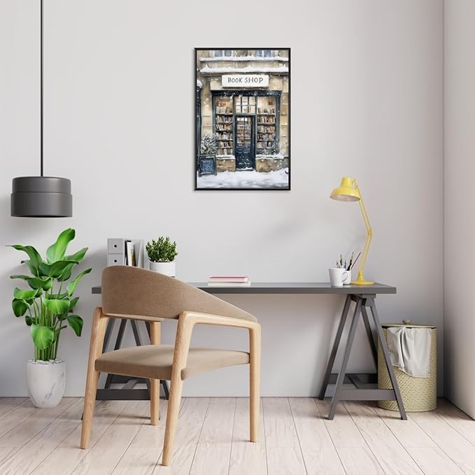 Winter Snowy Bookshop Art Aesthetic Poster Canvas Wall Art Decoration Living Room Home Decor Bedroom Decoration Poster black framed16x24inch