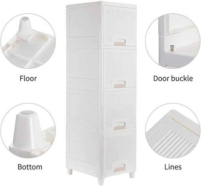 Slim Narrow Storage Drawers Organizer for Gadgets Peripherals, Dresser Storage Tower Plastic Organizer Unit Freestanding for Closet Entryway Hallway Nursery Room (4-Drawers), White