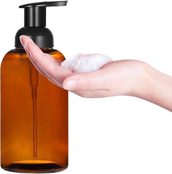 2 Pack Amber Glass Jar Soap Dispenser with Foaming Pump, 13 Ounce Amber Round Bottles Dispenser with Foaming Pump