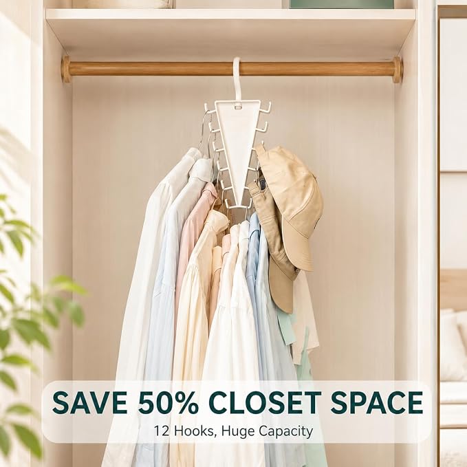 12 Hooks Space Saving Closet Hanger Organizer, V-Shape Multi Hook Clothes Hanger for Hats, Belts, Scarves & Accessories, Closet Storage Organizer for Wardrobe Space Saver (4 Pack)