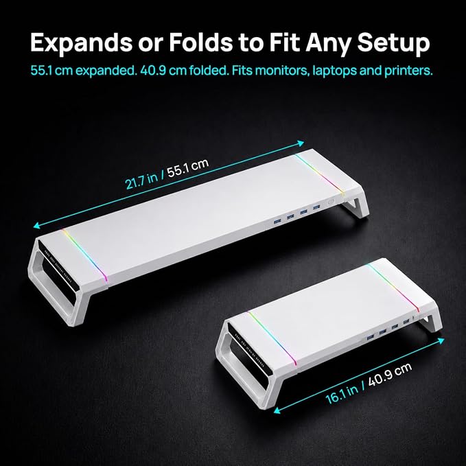 Monitor Stand Riser for Desk, Foldable Computer Monitor & Laptop Stand with Drawer, 4 USB 2.0 Ports, RGB Lighting, Phone & Tablet Holder, 72 lb Capacity (White)