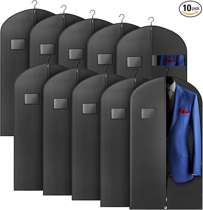 10 Pack 43-inch Garment Bags for Travel, Garment Bags for Hanging Clothes with Zipper and Visible Transparent Window，Black