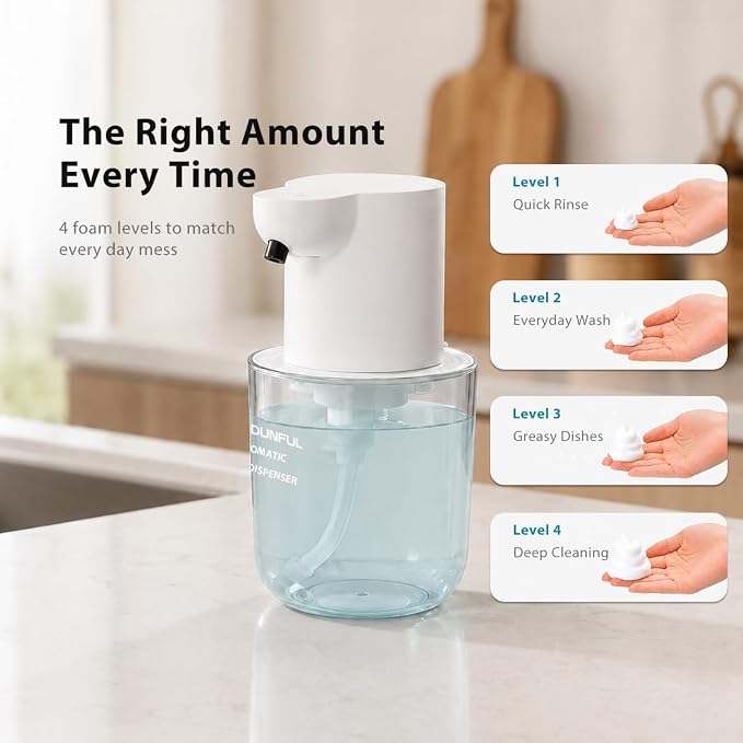 Automatic Foaming Hand Soap Dispenser - 13.5oz modunful M2 DA1502 White | Wall Mount Countertop, Type-C Rechargeable, Transport Boby, Touchless, Delicate Foam