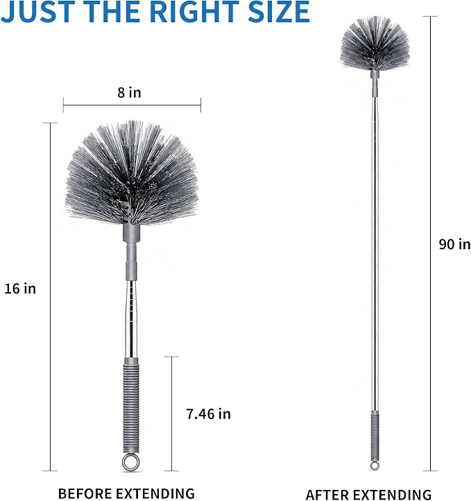 Cobweb Duster with Extension Pole, Upgraded Heavy Duty Thickened Stainless Steel Telescopic Handle for High Ceilings & Ceiling Fans, 90" Total Reach (15.7" Compact), Medium Stiff Bristles (Grey)