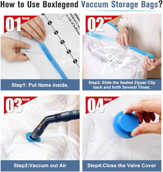 BoxLegend Vacuum Storage Bags with Large Hand Pump 30 Combo (4 Jumbo, 10 Large, 10 Medium, 6 Small) Thickened Vacuum Seal Bags for Clothing Space Saving for Clothes Pillow Comforters Bedding