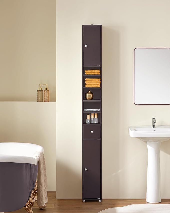 SoBuy Bathroom Storage Cabinet Adjustable Shelves, Tall Narrow, Brown | Freestanding Cupboard With Adjustable Shelves, Space-Saving Storage For Tiny Bathroom Gaps, BZR34-BR