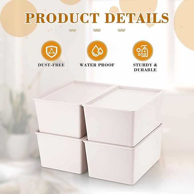 Menkxi 4 Pcs Storage Bins with Lids Plastic Stackable Containers for Organizing Shelves Christmas Ornament Box Baskets(Beige,Small)