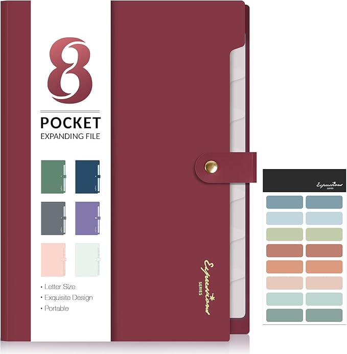 Sooez Elegant Accordion File Organizer with Labels, 8 Pocket Expanding File Folder, Portable Folders for Documents, Cute Paper Organizer for School Office Supplies, Letter Size, Burgundy