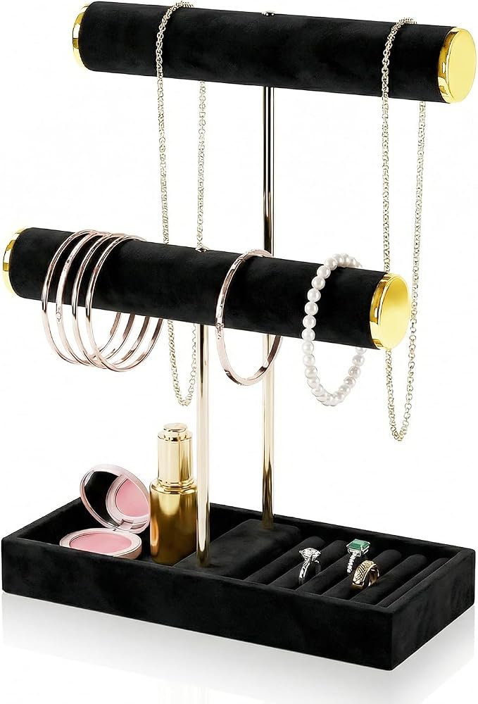 2 Tier Jewelry Organizer Stand,Velvet Tabletop Necklace and Bracelet Hanging Organizer Holder for Girls and Women,Large Small Jewelry Storage Display Tree Rack for Vendors,Ring and Watch Hanger(Black)