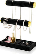 2 Tier Jewelry Organizer Stand,Velvet Tabletop Necklace and Bracelet Hanging Organizer Holder for Girls and Women,Large Small Jewelry Storage Display Tree Rack for Vendors,Ring and Watch Hanger(Black)
