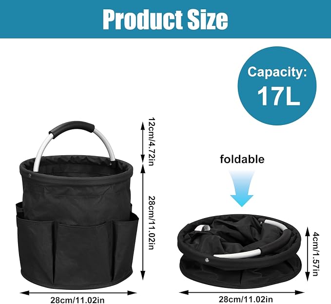 Qivine 17L Cleaning Caddy with Handle, Cleaning Supply Caddy (Black) | Cleaning Caddy for Cleaning Supplies, Portable Cleaning Supplies Organizer with 6 Pockets, Cleaning Bucket for Kitchen Garden