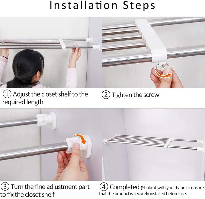 BAOYOUNI Tension Closet Shelf Heavy Duty Organizer Rack Stainless Steel Expandable Storage Shelves Rod Ivory, 39.76-60.04 Inch