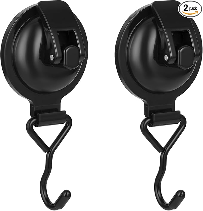 Heavy Duty Vacuum Wreath Cup Adhesive Hook,Hanging 13 lbs Robe Towel Hooks, Super Suction for Kitchen， Bathroom and Restroom (Shiny Black, 2Pack)