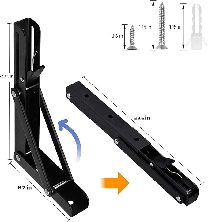 Folding Shelf Brackets 24 inch 4 Pcs - DIY Wall Mounted Shelf Bracket for Garage Workstation, Stuff Supports, Plant Stand - Heavy Duty Metal Collapsible Floating Shelf Bracket Black