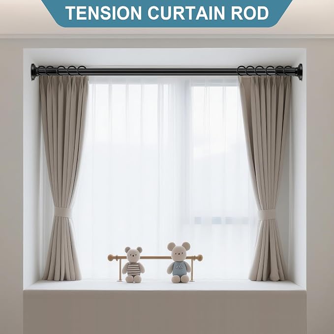 ZOCONE Tension Curtain Rod 51-128 In (4.25-10.5Ft), Shower Curtain Rod No Drilling for Bathroom, Outdoor Curtain Rods for Patio, Adjustable Spring Shower Rod Room Divider Closet Rod, Never Rust, Black