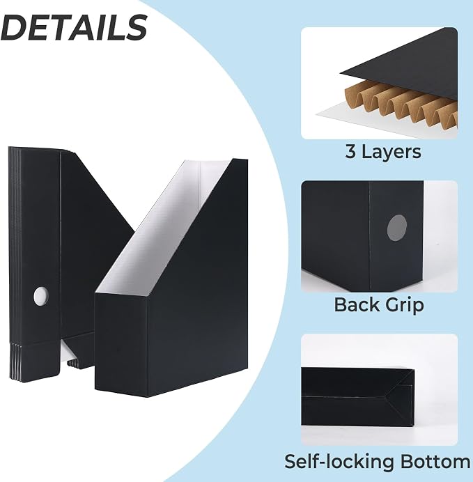 Rempry Magazine File Holders Black Set of 6, Foldable Cardboard Document Organizer Boxes with Labels, Space-Saving Storage for Office, Home, School, 10x3.3x12 Inchs