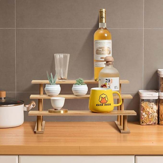 CROISSANT Bamboo and Wood 3 Tier Cupcake Stand, Food Display Risers for Party , Statues and Lego Displays, Cologne Stand, Perfume Display Stand （3 Tier，2Pack）