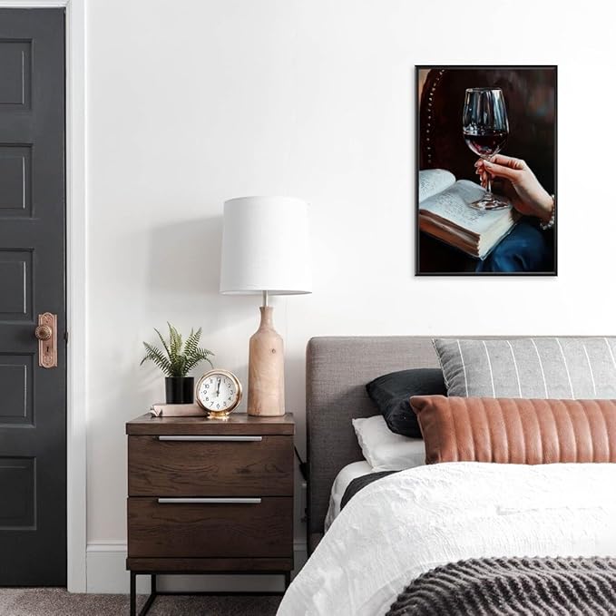 Wine and Book Girl Reading With Drink Art Aesthetic Poster Canvas Wall Art Decoration Living Room Home Decor Bedroom Decoration Poster black framed24x36inch