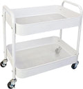 2 Tier Short Rolling Cart with Wheels for Under Desk Storage & Pantry Storage, Large Capacity Metal Kitchen Utility Cart for Small Space, Laundry Room Organizer Side Table with 4 Hooks, White