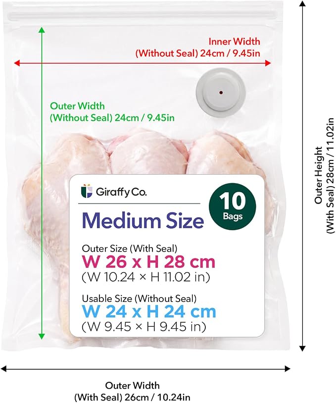 GIRAFFYCO 10 Medium Reusable Vacuum Sealer Bags, 10 x 11 in, Airtight Food | BPA-Free Airtight Bags with Detachable Valve for Handheld Vacuum Sealer, Freezer, Fridge, Meal Prep & Leftovers