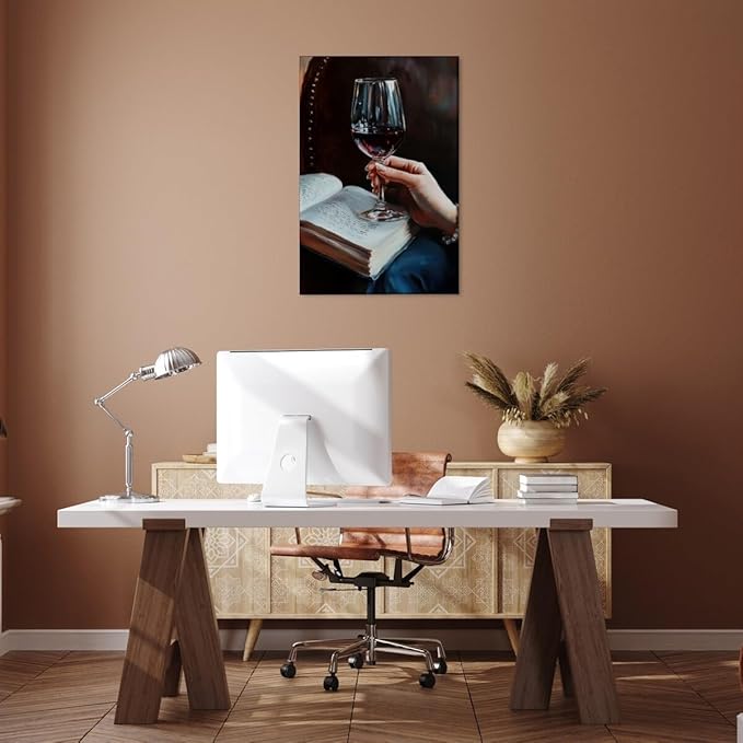 Wine and Book Girl Reading With Drink Art Aesthetic Poster Canvas Wall Art Decoration Living Room Home Decor Bedroom Decoration Poster Framed12x18inch