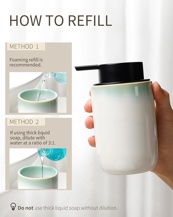 BosilunLife Hand Soap Dispenser for Kitchen, Bathroom Countertop | Foam Soap Dispenser Bathroom Ceramic Dish Liquid Soap Dispenser (White with Blue-Green Rim Foam Pump)
