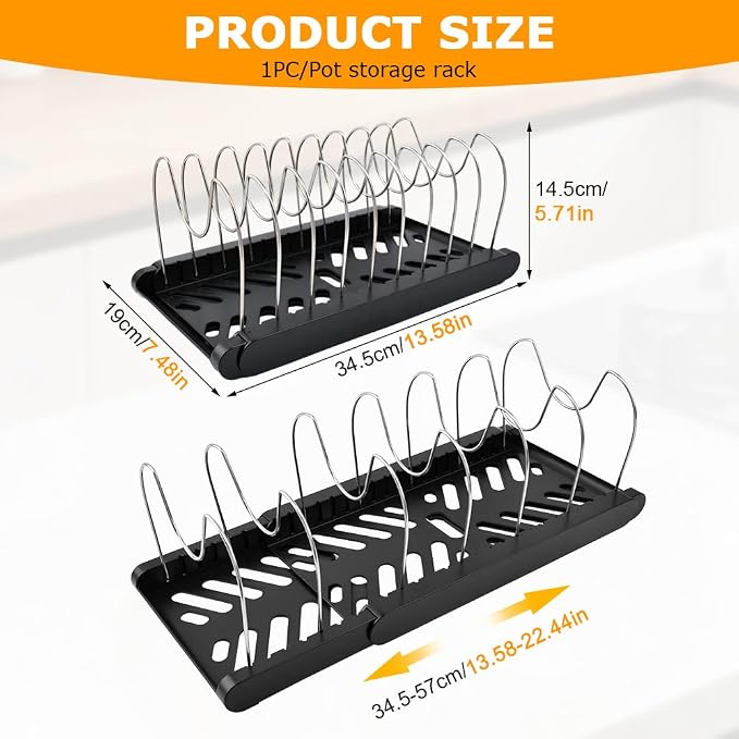 Expandable Pots and Pans Organizer Rack,with 10 Adjustable Compartments for Kitchen Cabinet or Under Sink 13"-23"Adjustable Pot Lid Holder for Cookie Sheets Cutting Boards Cookware(COLOR:Black)