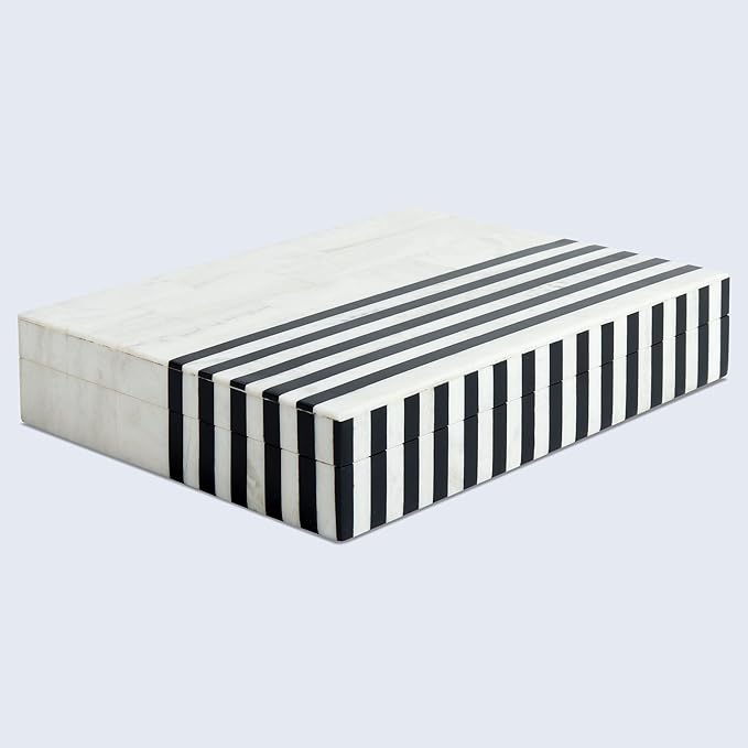 Handicrafts Home Large Decorative Storage Box with Lid – Black White Modern Storage Box, Remote Control Organizer for Coffee Table, Console & Living Room Decor – Mono Lead 12 x 6 x 2