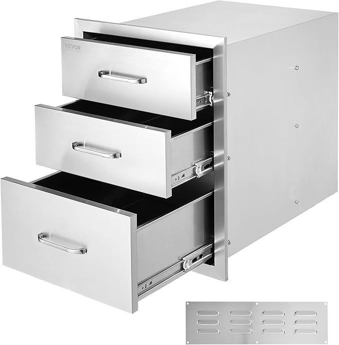 VEVOR 18x23 Inch Outdoor Kitchen Cabinets 18W x 20.5H x 23D Inch, BBQ Drawers Stainless Steel, Outdoor Kitchen Drawers Triple Access with Chrome Handle, BBQ Island Drawers, Grill Drawers Storage | Stainless Steel Outdoor Kitchen Drawers Triple Access w...