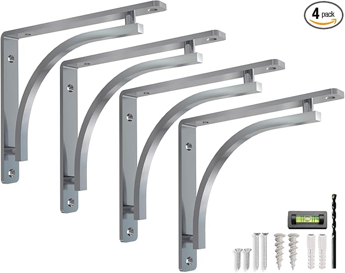 Classic Silver Heavy Duty Shelf Brackets 10 inch by Balin Designs – Chrome L Bracket, Wall Mounted Support, Shelving Metal Bracket, Decorative Shelf Brackets, with Hardware Included, Set of 4