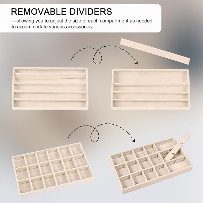 6-Piece Velvet Jewelry Organizer for Drawer with Removable Dividers | Stackable Jewelry Trays, Drawer Organizer Inserts Set with 2 Cleaning Cloths for Women Dresser Vanity