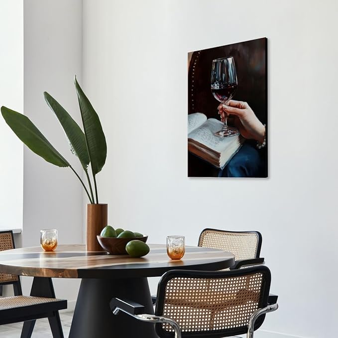 Wine and Book Girl Reading With Drink Art Aesthetic Poster Canvas Wall Art Decoration Living Room Home Decor Bedroom Decoration Poster Framed12x18inch