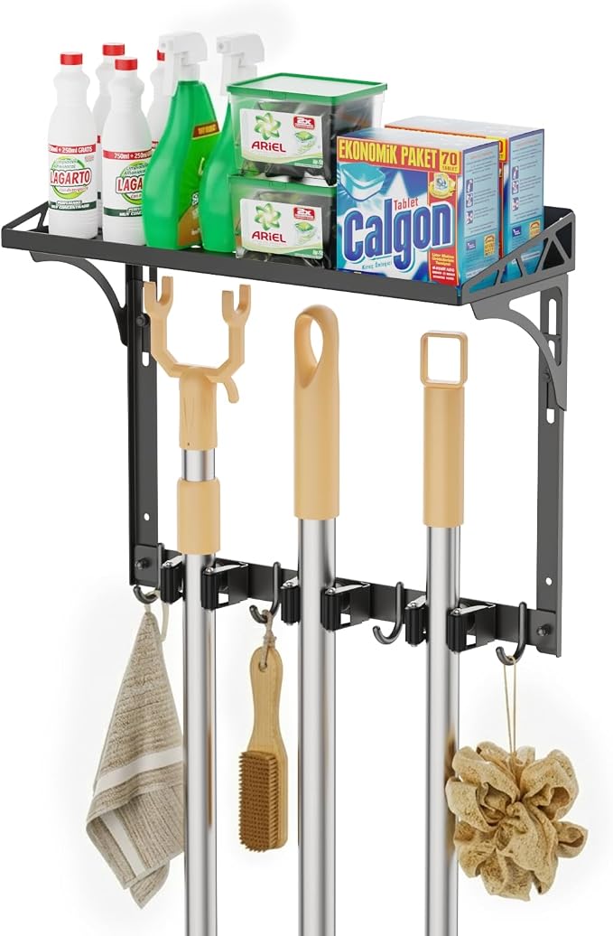 Broom Holder Wall Mount with Cleaning Supplies Organizer, Laundry Room Shelves with Mop Hanger Rack Gripper Hooks and Vacuum Organizer, Broom and Mop Organizer Wall Hanging for Home Garage Kitchen