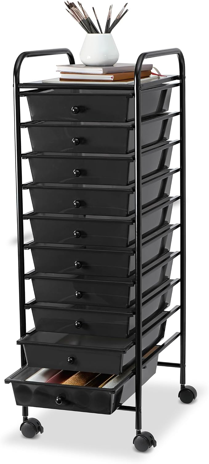 Simply Tidy 10 Drawer Matte Black Rolling Cart - Mobile Organizer with Removable Drawers, Swivel & Locking Casters, Durable Tubular Frame - 1 Set