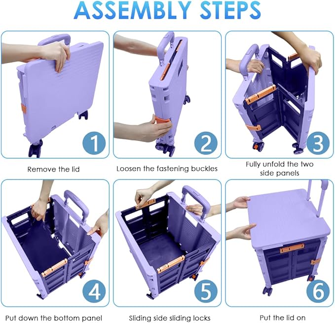 SELORSS Foldable Utility Cart Portable Collapsible Crate Rolling Carts with Wheels Rolling Tote Basket Teacher Cart with Lid Wear-Resistant 360°Rotate Wheel Noiseless for Shopping Storage Office Use