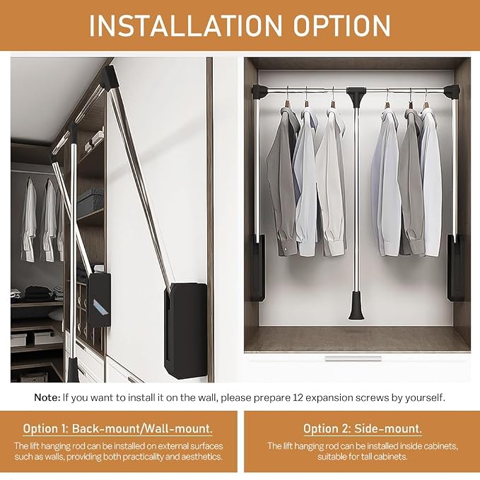 Pull Down Closet Rod 2 Pack, Stainless Steel Adjustable 35-46.5 inches | 60 lbs Capacity, Side & Back Mounted Soft-Close Two-way Buffering Closet Clothes Rod Wardrobe Lift Rail for Hanging Clothes