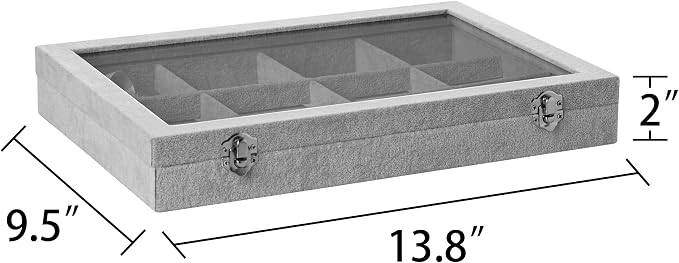 Frebeauty 12 Grid Bracelet Holder Box,Velvet Jewelry Tray with Clear Lid | Real Glass Lid,Bracelet Display,Jewelry Organizer for Bangle Brooch,Adjustable Divider,Dustproof Design,13.8×9.5Inches