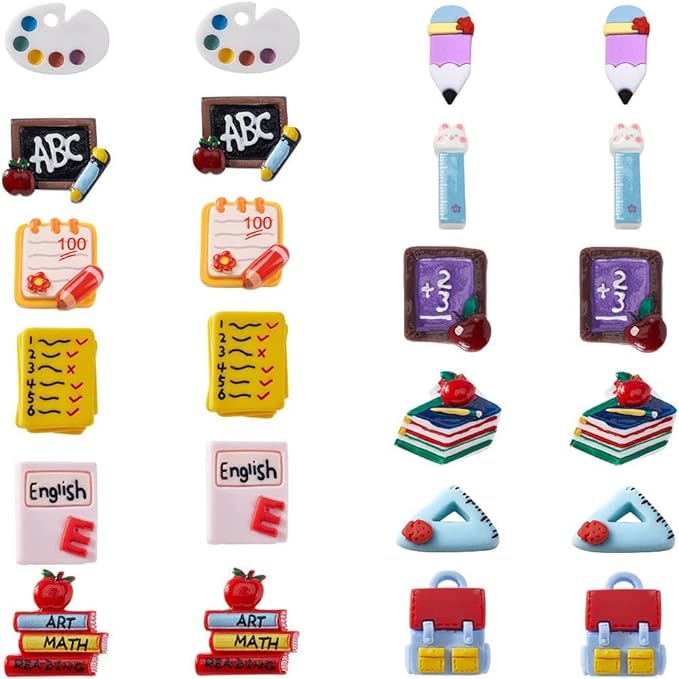 SUNNYCLUE 1 Box 48Pcs School Resin Charms Flatback Teacher Cabochons Chalkboard Backpack Books Pencil Flat Back Cabochon Teacher Appreciation Crafts for Jewelry Making DIY Scrapbooking Embellishments