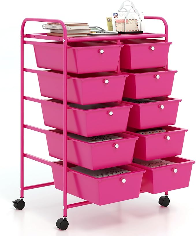 “Moccha 10-Drawer Rolling Storage Cart - Under Desk Storage Drawers with wheels for Craft Art Supply Paper Salon, Scrapbook Paper Tools, Storage Drawers Organizer, Mobile Utility Cart for Classroom